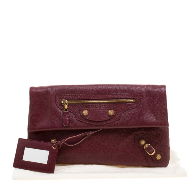 Pre Owned Balenciaga Bordeaux Leather Giant 12 Gold Hardware Envelope Clutch