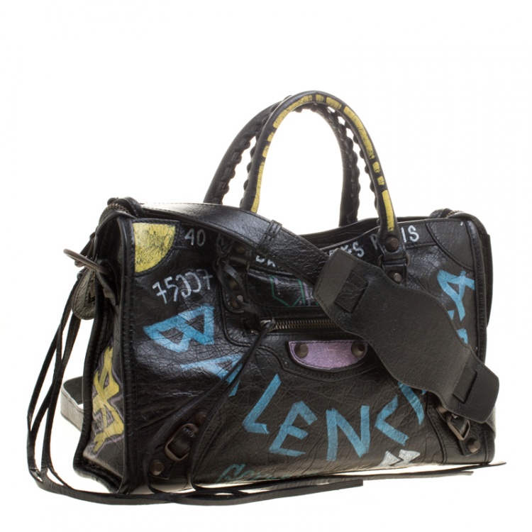 Pre Owned Balenciaga Black Graffiti Leather Small RH City Tote 