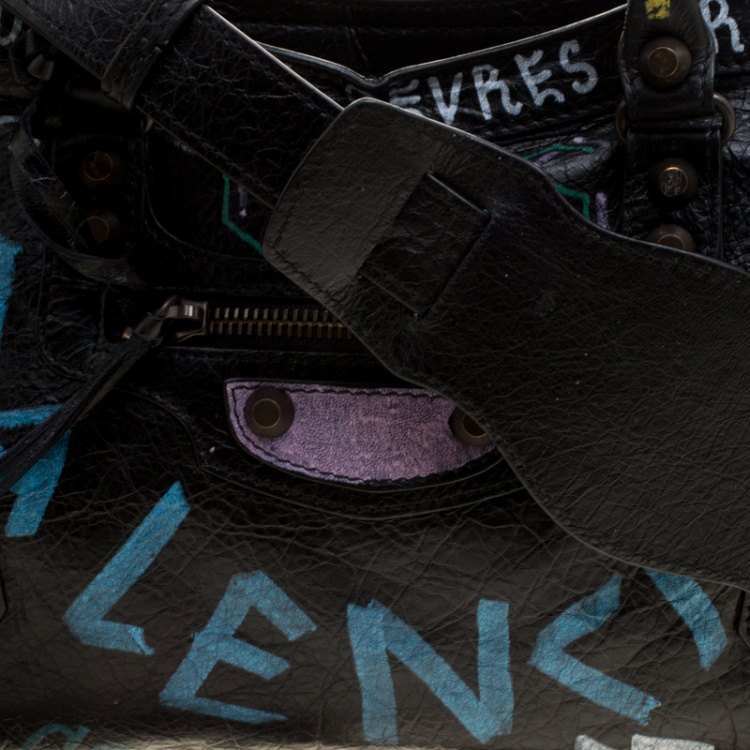 Pre Owned Balenciaga Black Graffiti Leather Small RH City Tote 