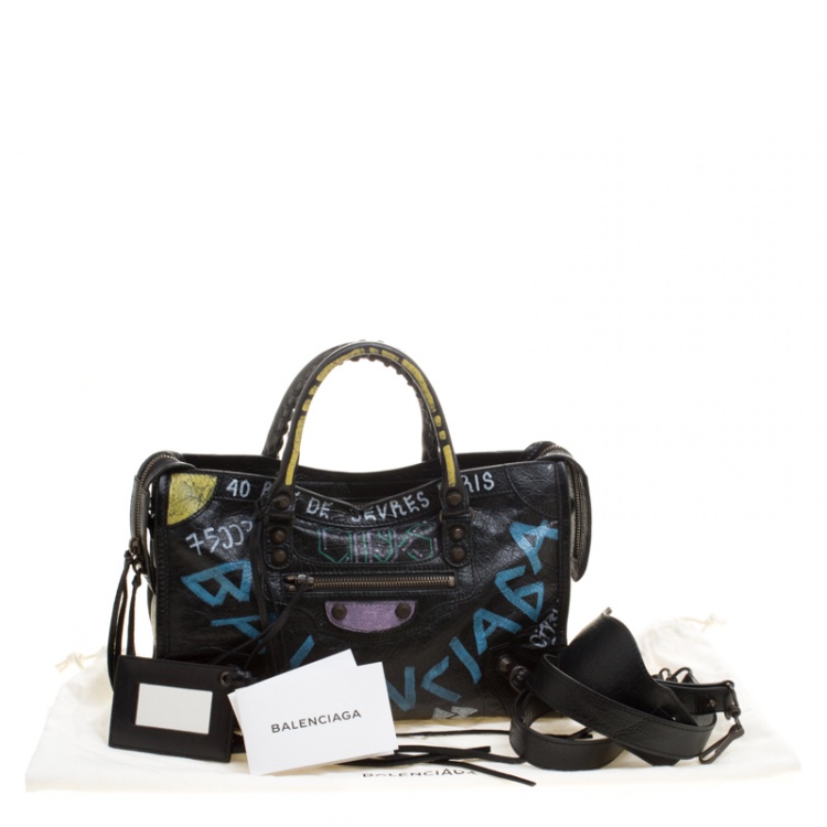Pre Owned Balenciaga Black Graffiti Leather Small RH City Tote 