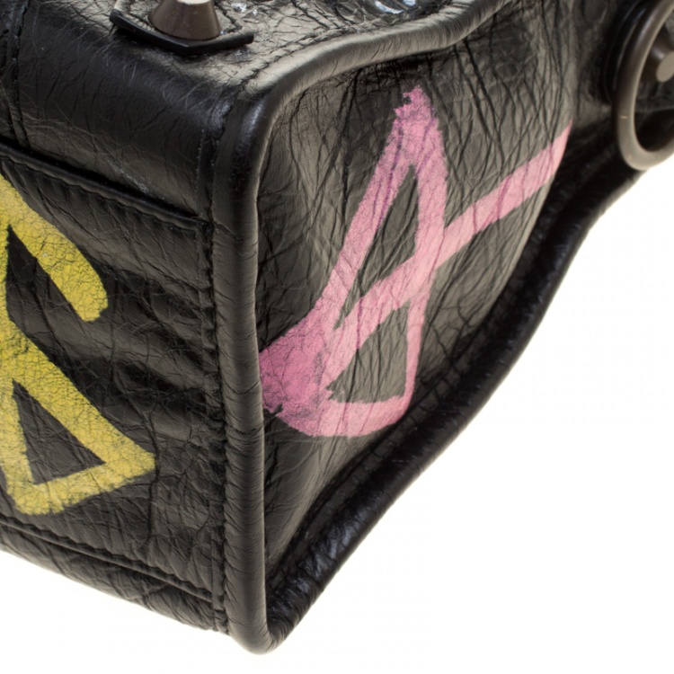 Pre Owned Balenciaga Black Graffiti Leather Small RH City Tote 