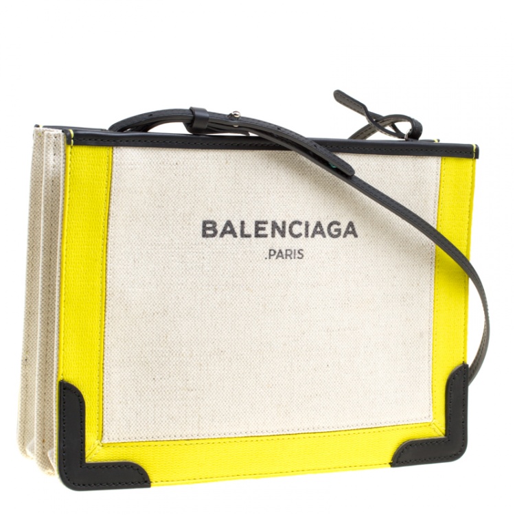 Pre Owned Balenciaga Light Beige/Yellow Canvas and Leather Pochette Bag