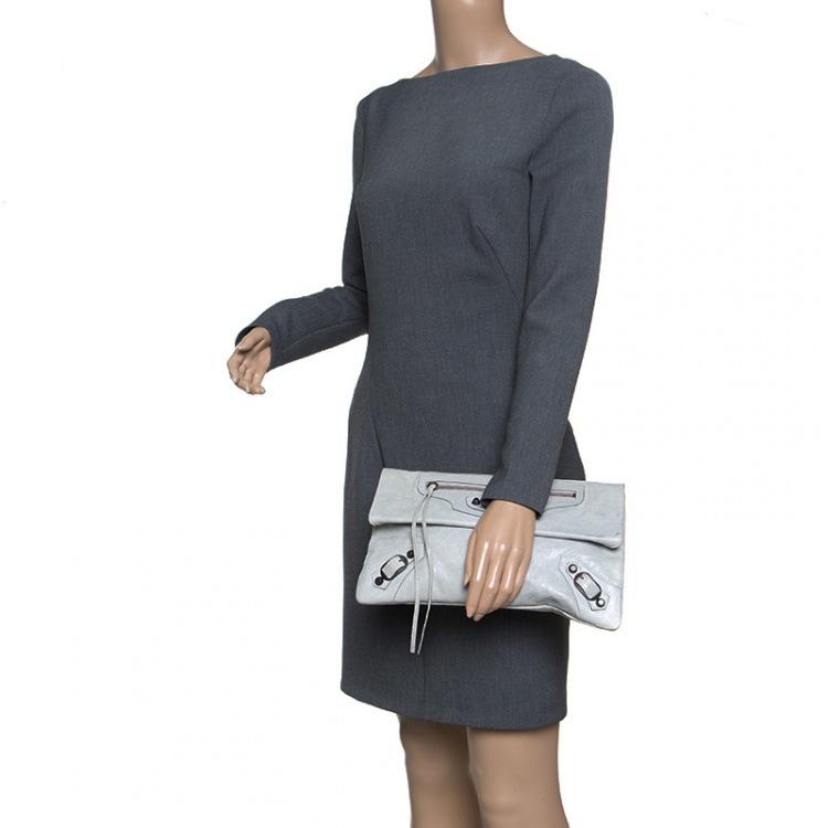 Pre Owned Balenciaga Grey Leather RH Foldover Clutch