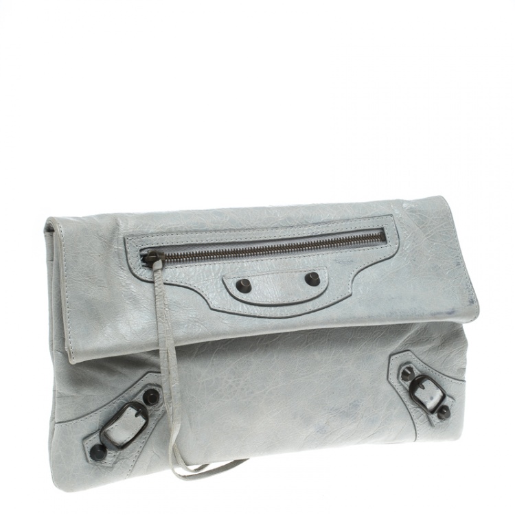 Pre Owned Balenciaga Grey Leather RH Foldover Clutch