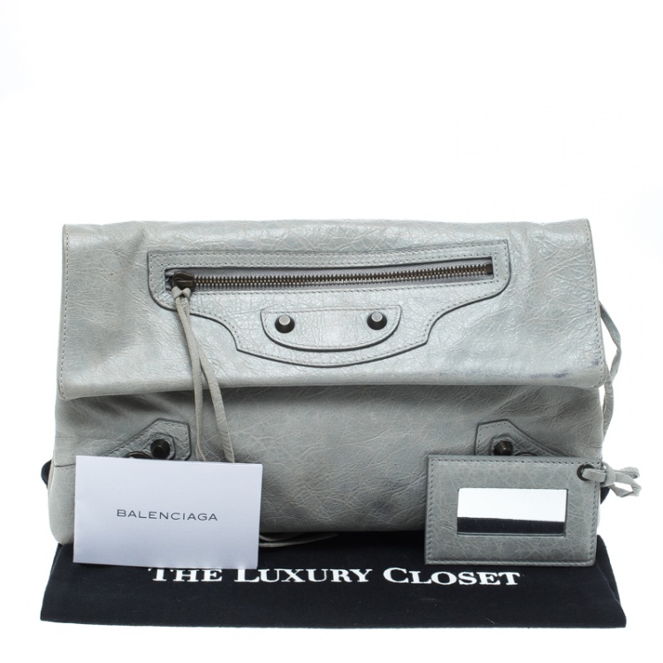 Pre Owned Balenciaga Grey Leather RH Foldover Clutch