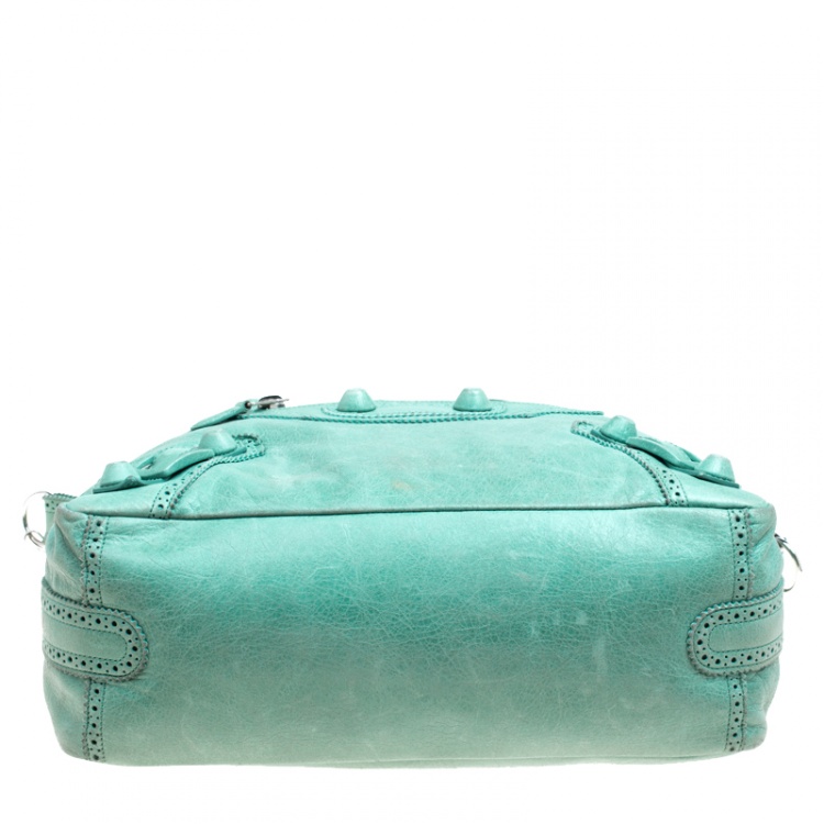 Pre Owned Balenciaga Green Leather Giant Covered SIlver Hardware Brogues Top Handle Bag