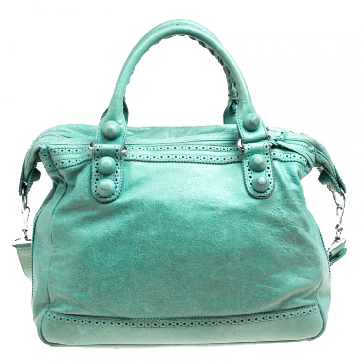 Pre Owned Balenciaga Green Leather Giant Covered SIlver Hardware Brogues Top Handle Bag