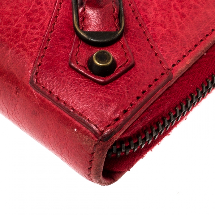 Pre Owned Balenciaga Red Leather Continental Zip Around Wallet