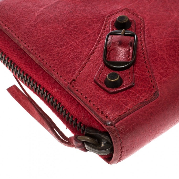 Pre Owned Balenciaga Red Leather Continental Zip Around Wallet