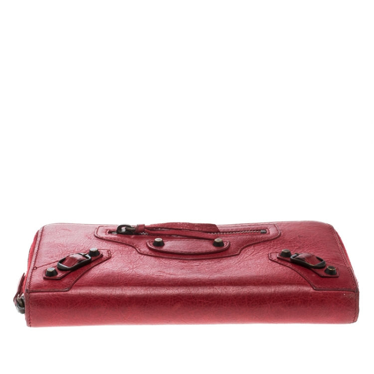 Pre Owned Balenciaga Red Leather Continental Zip Around Wallet