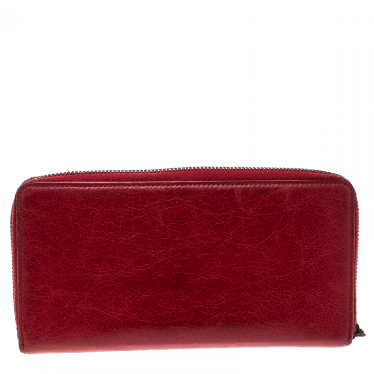 Pre Owned Balenciaga Red Leather Continental Zip Around Wallet
