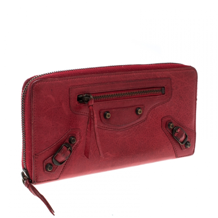 Pre Owned Balenciaga Red Leather Continental Zip Around Wallet