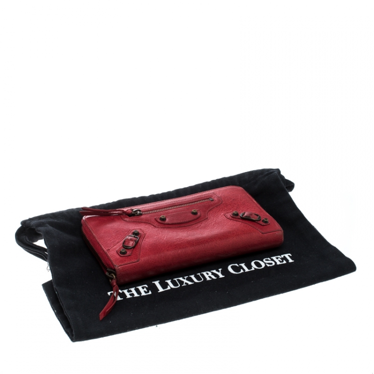 Pre Owned Balenciaga Red Leather Continental Zip Around Wallet