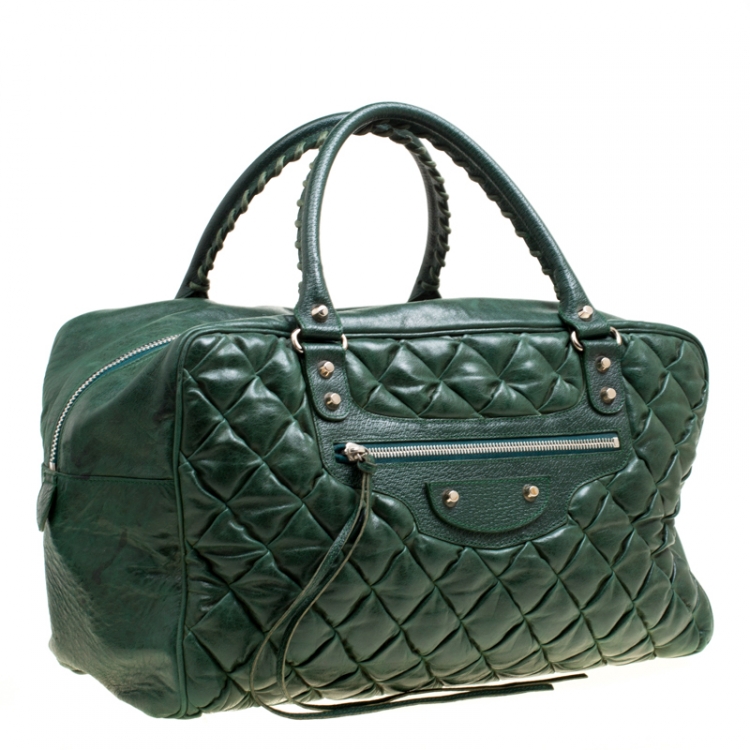 Pre Owned Balenciaga Green Quilted Leather Bowling Satchel