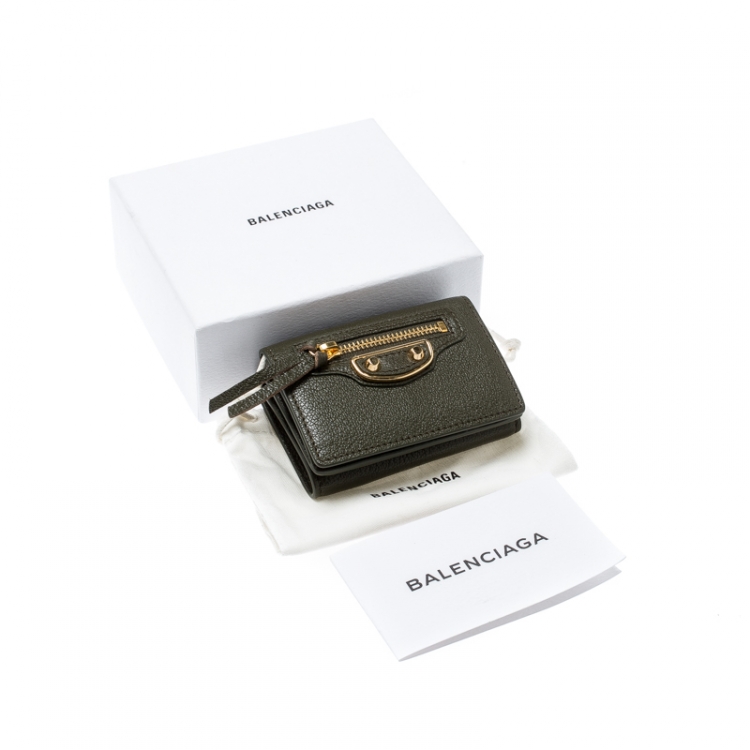 Pre Owned Balenciaga Olive Green Leather Mini Arena Wallet