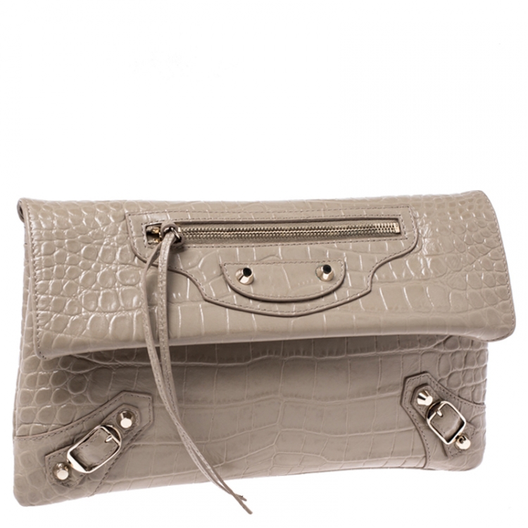 Pre Owned Balenciaga Nude Croc Embossed Leather Classic Envelope Clutch