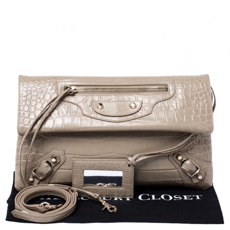 Pre Owned Balenciaga Nude Croc Embossed Leather Classic Envelope Clutch