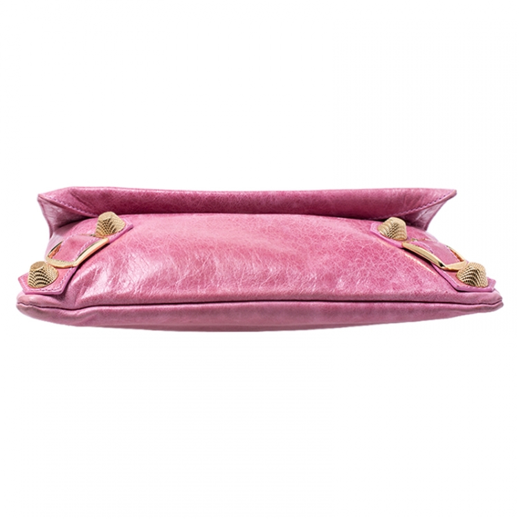 Pre Owned Balenciaga Pink Leather Giant Envelope Flap Clutch