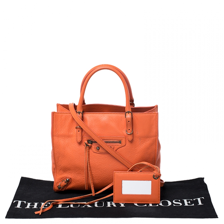 Pre Owned Balenciaga Orange Leather Mini Papier A4 Tote