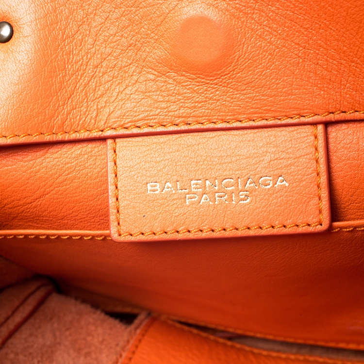 Pre Owned Balenciaga Orange Leather Mini Papier A4 Tote