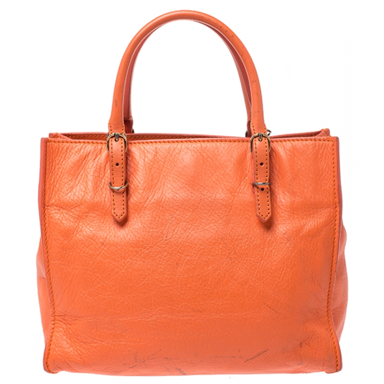 Pre Owned Balenciaga Orange Leather Mini Papier A4 Tote