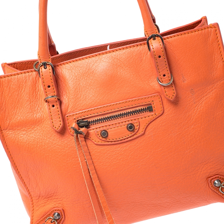 Pre Owned Balenciaga Orange Leather Mini Papier A4 Tote