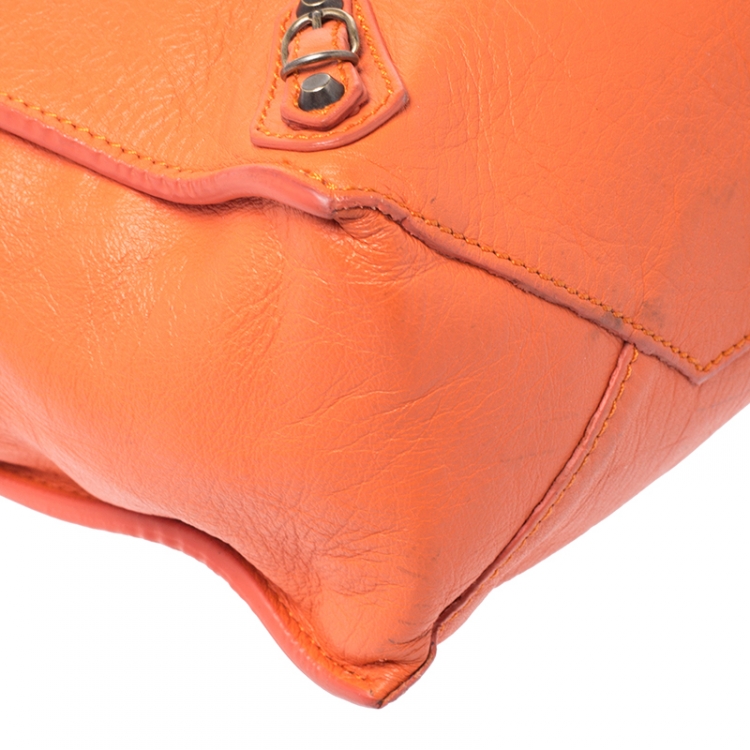 Pre Owned Balenciaga Orange Leather Mini Papier A4 Tote
