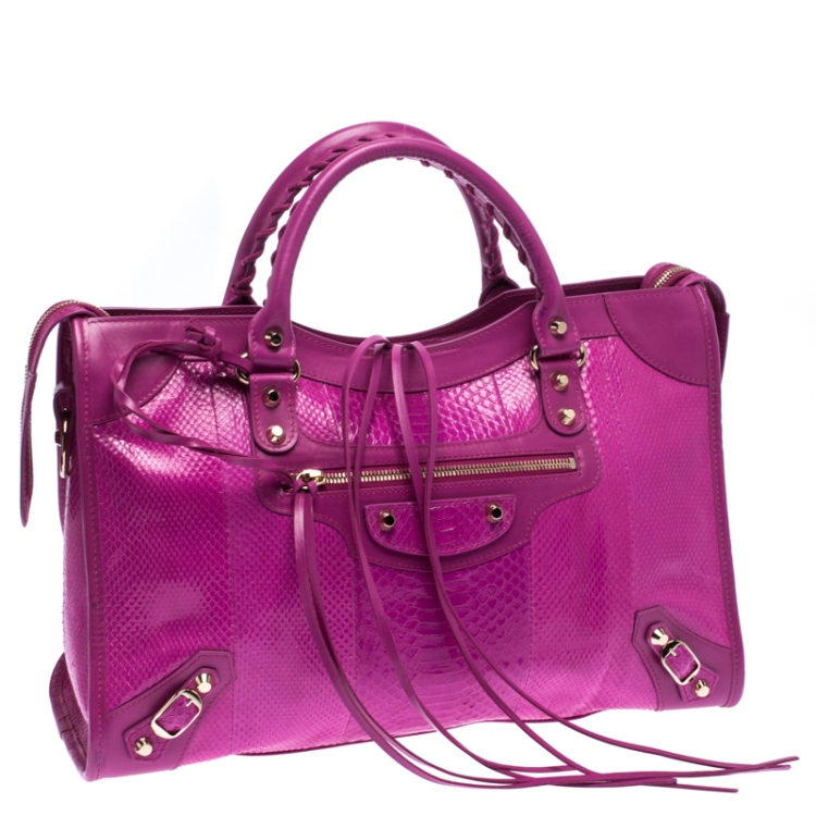 Pre Owned Balenciaga Magenta Python SH City Bag