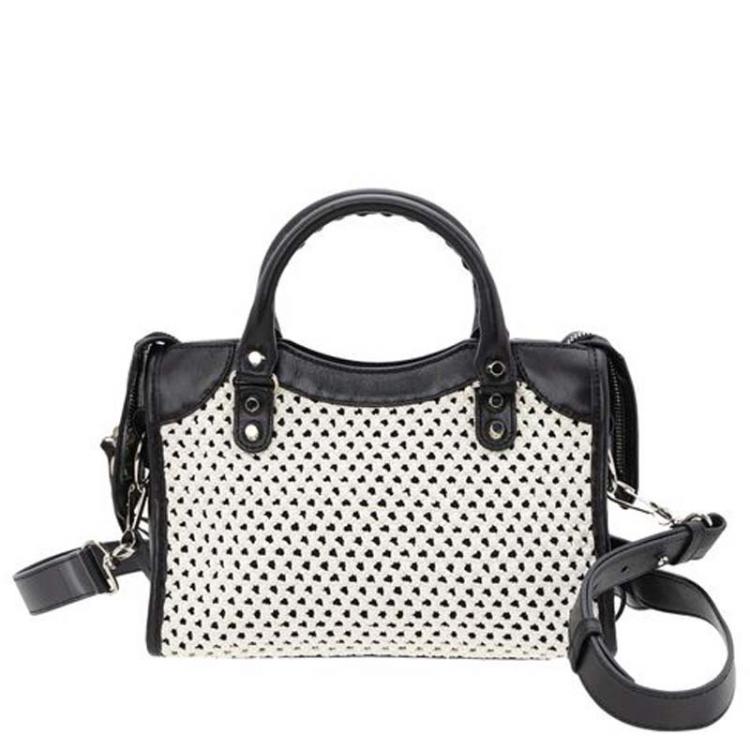 مملوكة مسبقًا Balenciaga Black/White Leather Motocross Classic Mini City Bag
