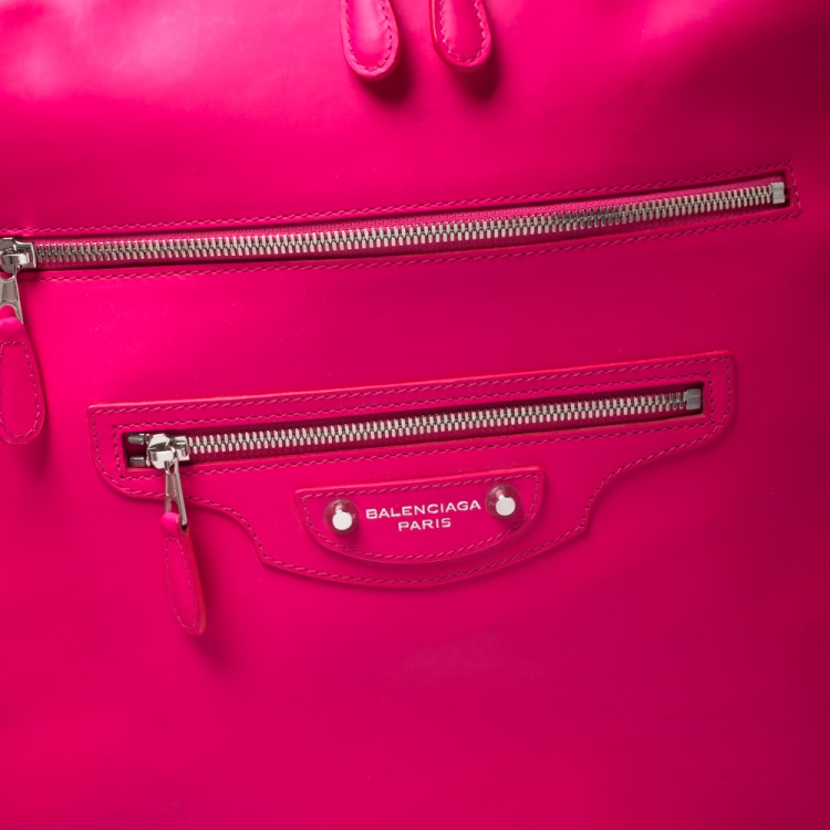 Pre Owned Balenciaga Neon Pink Leather Classic Voyage Carry On Luggage