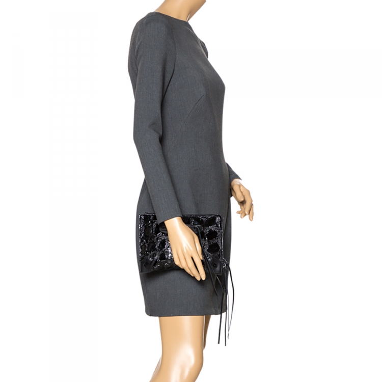 Pre Owned Balenciaga Black Croc Embossed Patent Leather Metallic Edge Zip Around Clutch