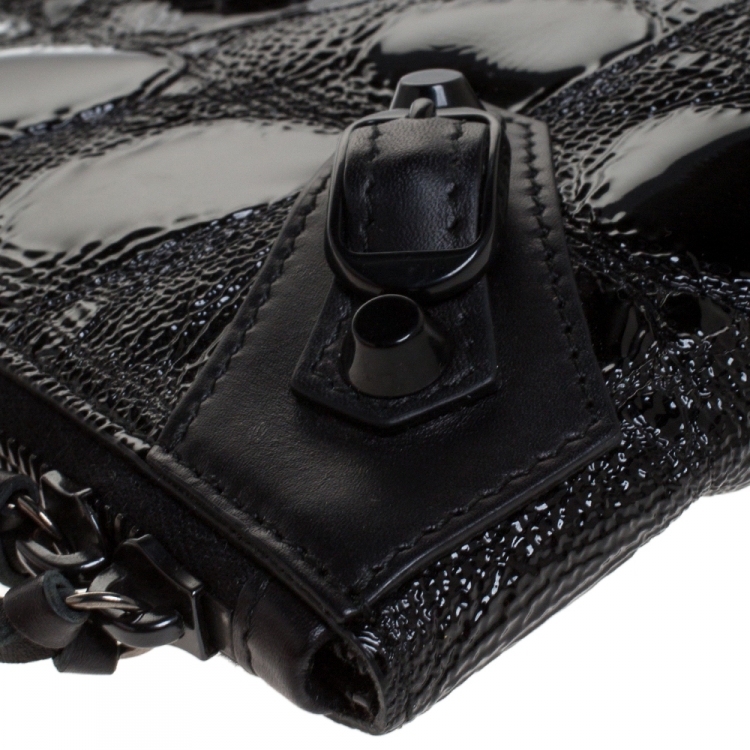 Pre Owned Balenciaga Black Croc Embossed Patent Leather Metallic Edge Zip Around Clutch