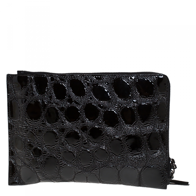 Pre Owned Balenciaga Black Croc Embossed Patent Leather Metallic Edge Zip Around Clutch