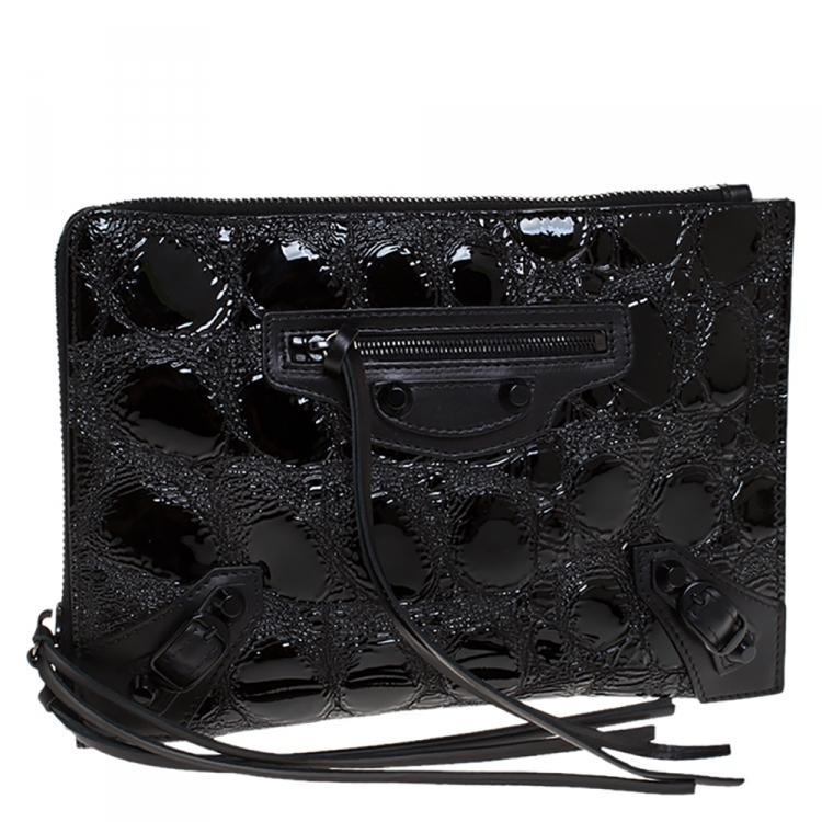 Pre Owned Balenciaga Black Croc Embossed Patent Leather Metallic Edge Zip Around Clutch