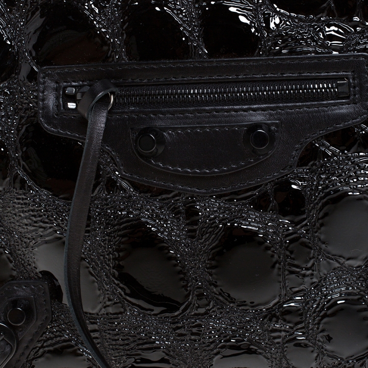 Pre Owned Balenciaga Black Croc Embossed Patent Leather Metallic Edge Zip Around Clutch