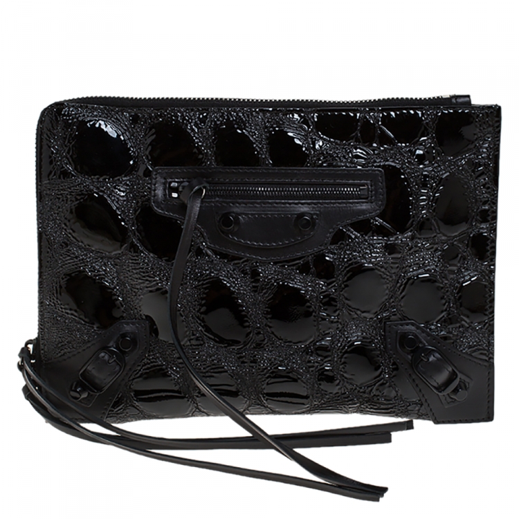 Pre Owned Balenciaga Black Croc Embossed Patent Leather Metallic Edge Zip Around Clutch