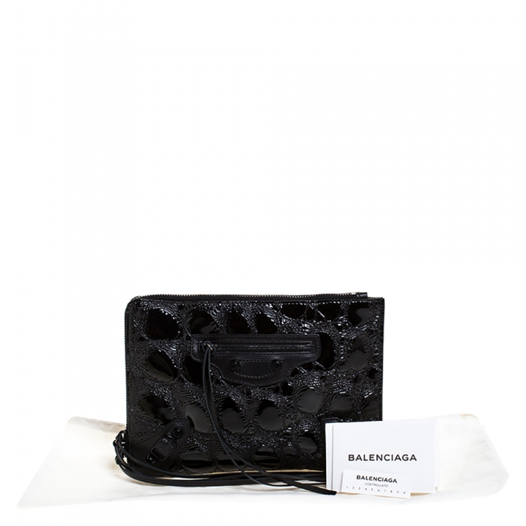 Pre Owned Balenciaga Black Croc Embossed Patent Leather Metallic Edge Zip Around Clutch