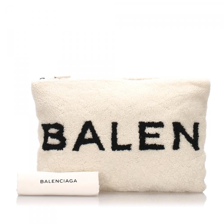 Pre Owned Balenciaga White Shearling Logo Clutch Bag