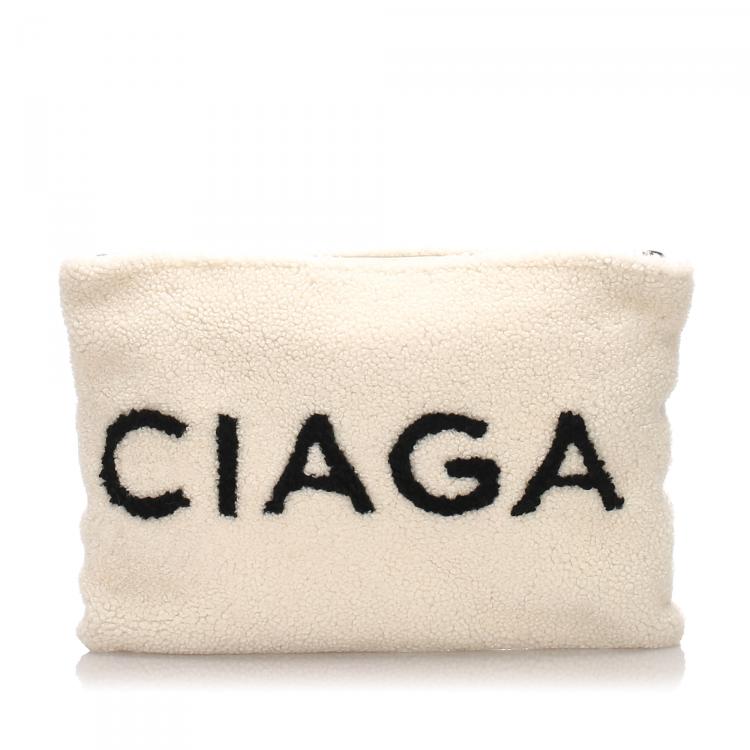 Pre Owned Balenciaga White Shearling Logo Clutch Bag