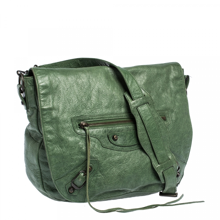 Pre Owned Balenciaga Vert Poker Lambskin Leather Folk Messenger Bag