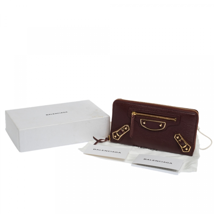 Pre Owned Balenciaga Grenat Leather Classic Metallic Edge Zip Around Wallet
