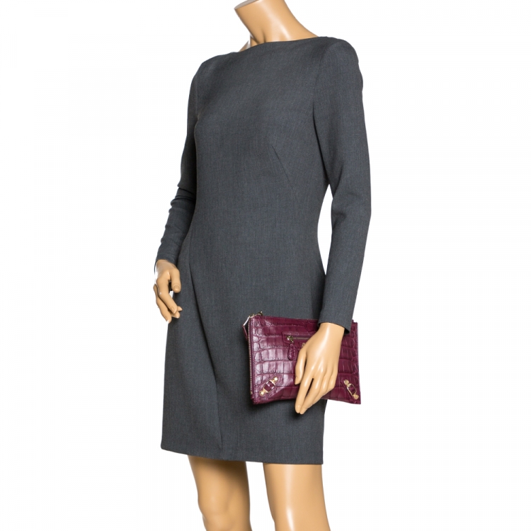 Pre Owned Balenciaga Bordeaux Croc Embossed Leather Zipper Clutch