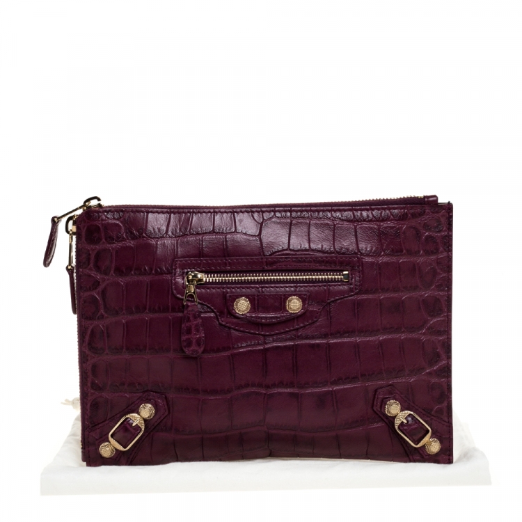Pre Owned Balenciaga Bordeaux Croc Embossed Leather Zipper Clutch