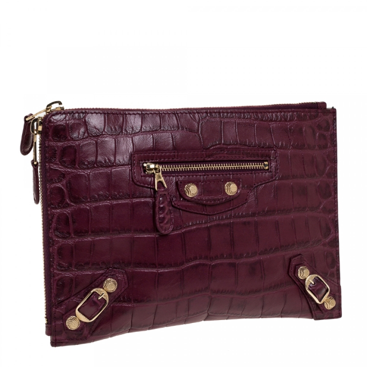 Pre Owned Balenciaga Bordeaux Croc Embossed Leather Zipper Clutch