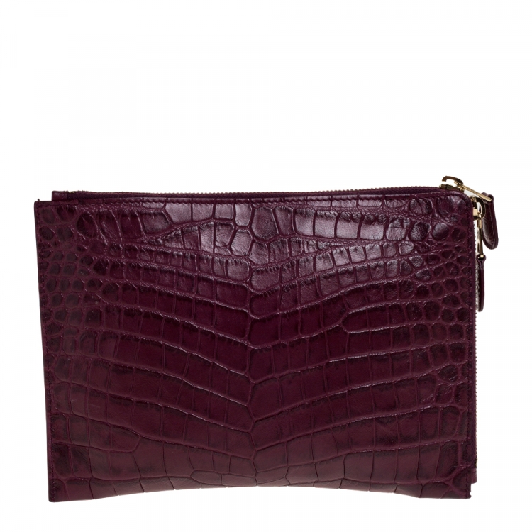 Pre Owned Balenciaga Bordeaux Croc Embossed Leather Zipper Clutch