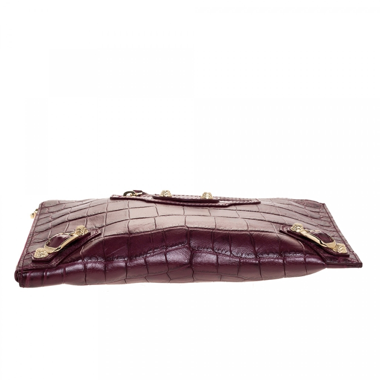 Pre Owned Balenciaga Bordeaux Croc Embossed Leather Zipper Clutch