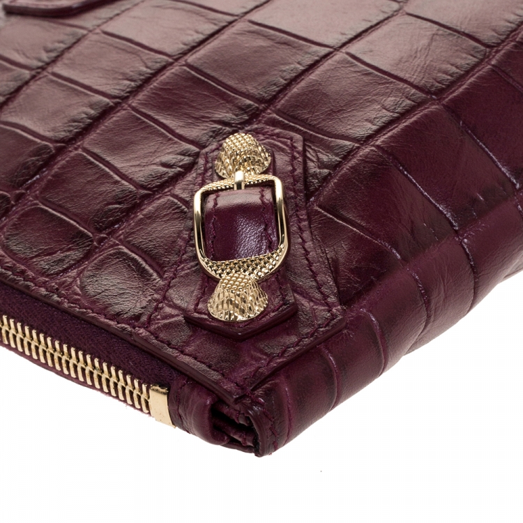 Pre Owned Balenciaga Bordeaux Croc Embossed Leather Zipper Clutch