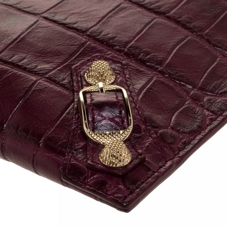 Pre Owned Balenciaga Bordeaux Croc Embossed Leather Zipper Clutch