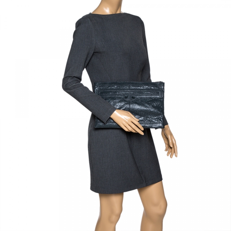 Pre Owned Balenciaga Dark Grey Crinkled Leather Motocross Classic Clutch