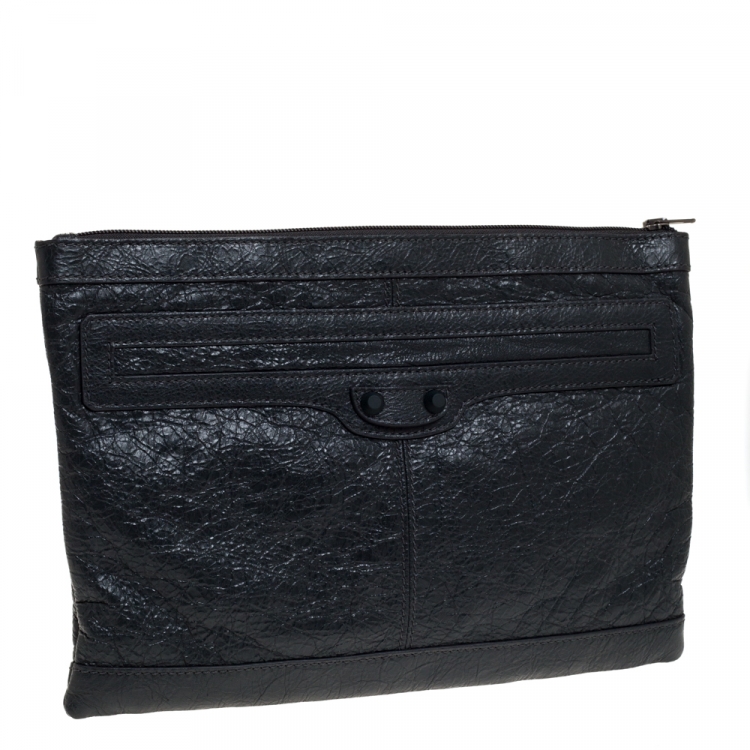 Pre Owned Balenciaga Dark Grey Crinkled Leather Motocross Classic Clutch